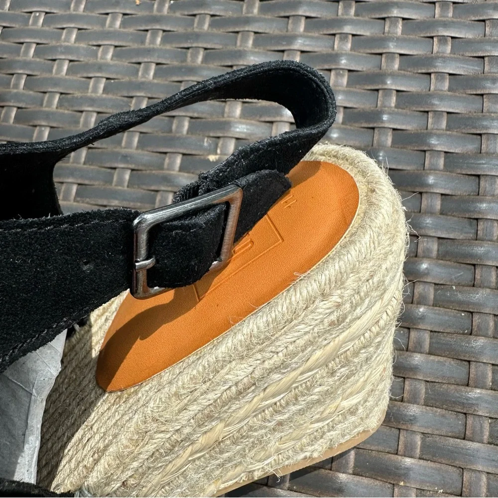 New GAP Black Suede Leather Espadrille Raffia Wedge Sandals, Size 11, Open Toe